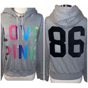 VS PINK Grey Hoodie Sweatshirt w/Rainbow Lettering